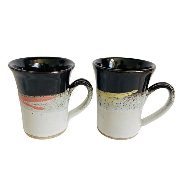 Set of 2 Studio Art Pottery Mugs Signed Harvey? Black Grey Yellow Coral